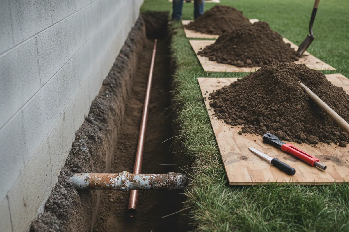 Excavated water line trench during Sewer Line Repair in Hilliards